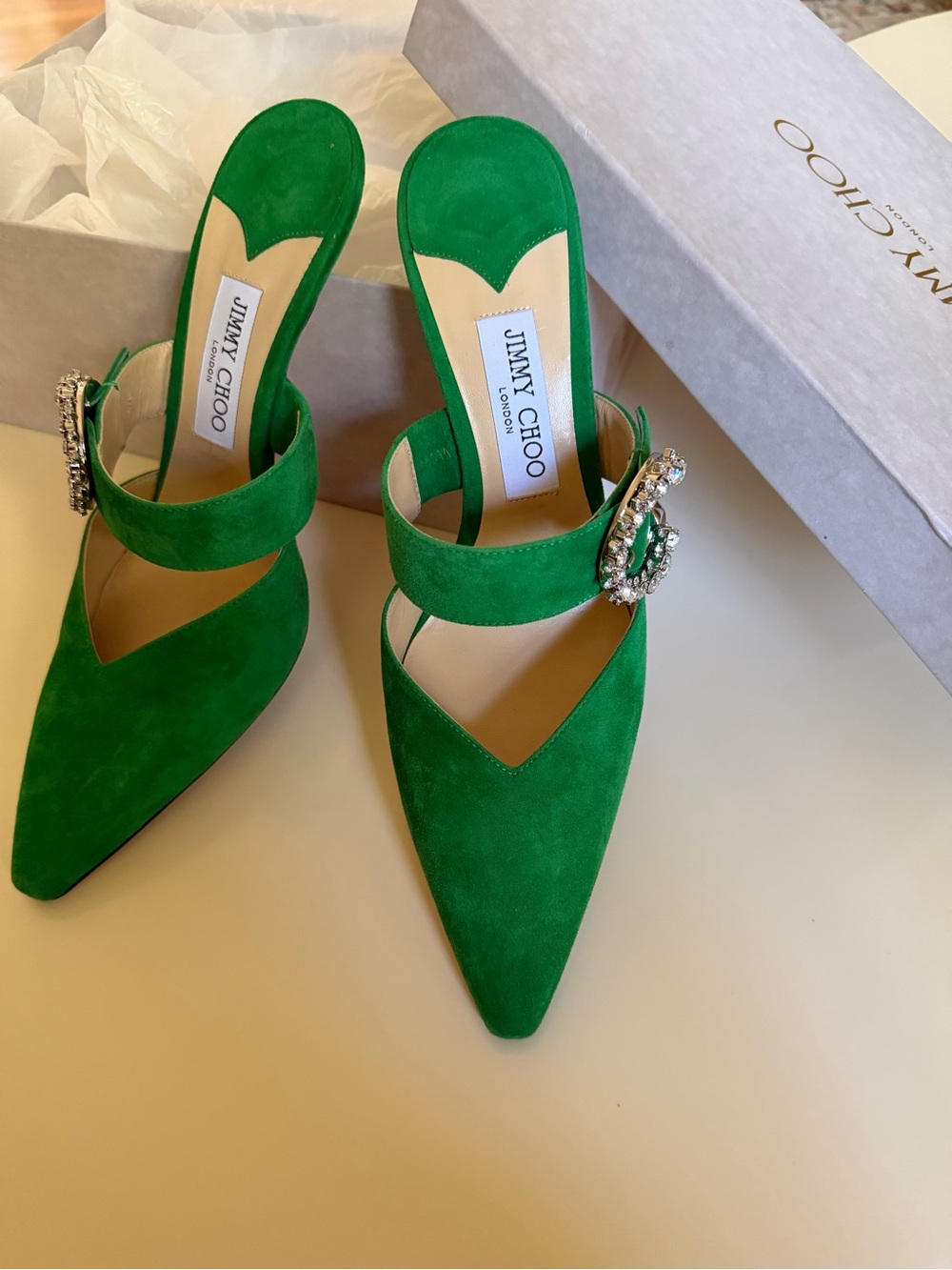 Jimmy Choo Emerald Green Suede Mule with Crystal Buckle